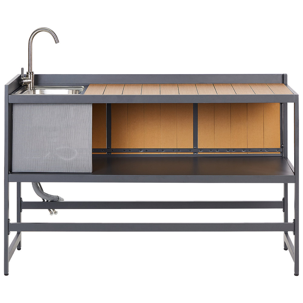 Set cucina da esterno 3 elementi in acciaio legno naturale 2 armadietti portaoggetti e lavello leva cucino da esterno