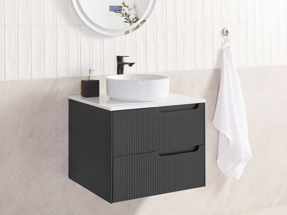 Mobiletto da bagno a parete con frontale scanalato 2 cassetti nero 60 x 52 cm stile elegante moderno