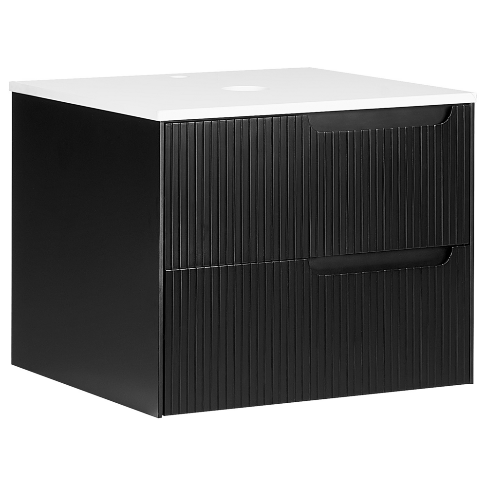 Mobiletto da bagno a parete con frontale scanalato 2 cassetti nero 60 x 52 cm stile elegante moderno
