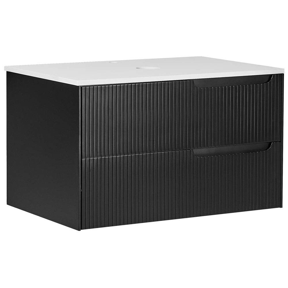 Mobiletto da bagno a parete con frontale scanalato 2 cassetti nero 80 x 52 cm stile elegante moderno
