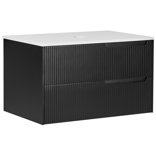 Mobiletto da bagno a parete con frontale scanalato 2 cassetti nero 80 x 52 cm stile elegante moderno