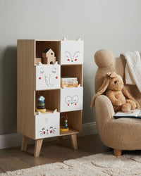 Libreria a 4 livelli in legno chiaro e MDF bianco Cassetti scaffali