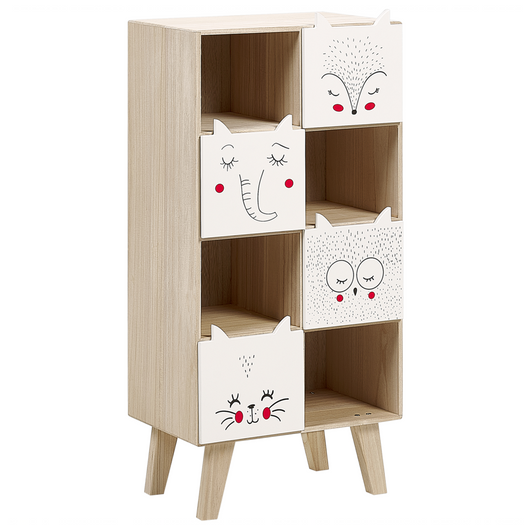 Libreria a 4 livelli in legno chiaro e MDF bianco Cassetti scaffali