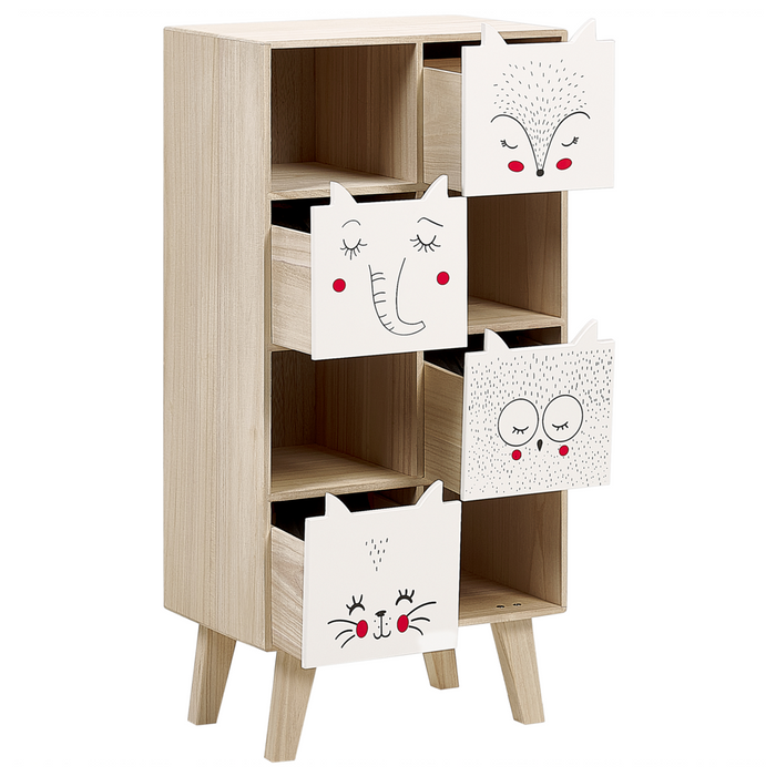 Libreria a 4 livelli in legno chiaro e MDF bianco Cassetti scaffali
