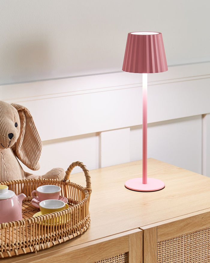 Lampada da tavolo in alluminio rosa pastello ferro luce interna esterna stile moderno