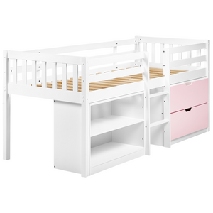Letto per bambini in legno bianco e rosa UE misura singola 90 x 200 cm con telaio a doghe cassetti e ripiani letto per bambini piccoli