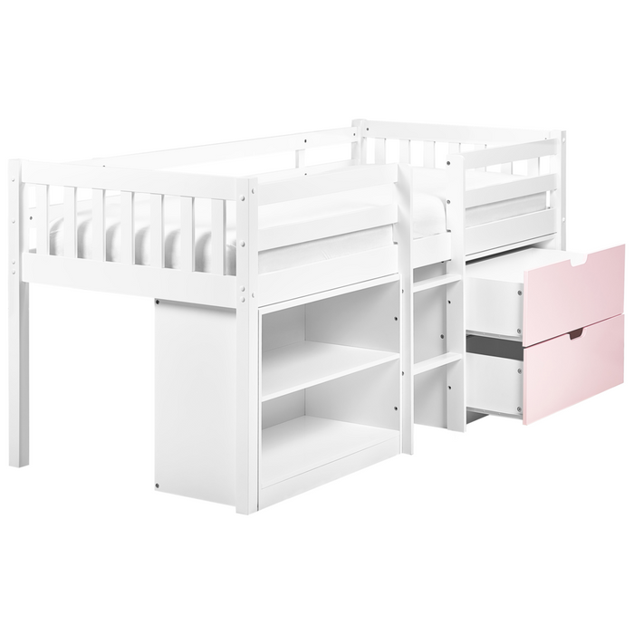 Letto per bambini in legno bianco e rosa UE misura singola 90 x 200 cm con telaio a doghe cassetti e ripiani letto per bambini piccoli