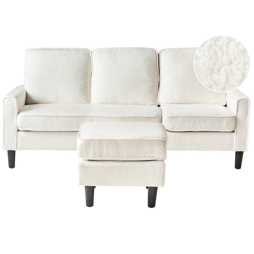 Divano 3 posti tessuto bouclè bianco con poggiapiedi ottomana imbottita metà secolo