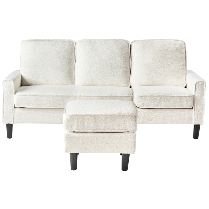 Divano 3 posti tessuto bouclè bianco con poggiapiedi ottomana imbottita metà secolo