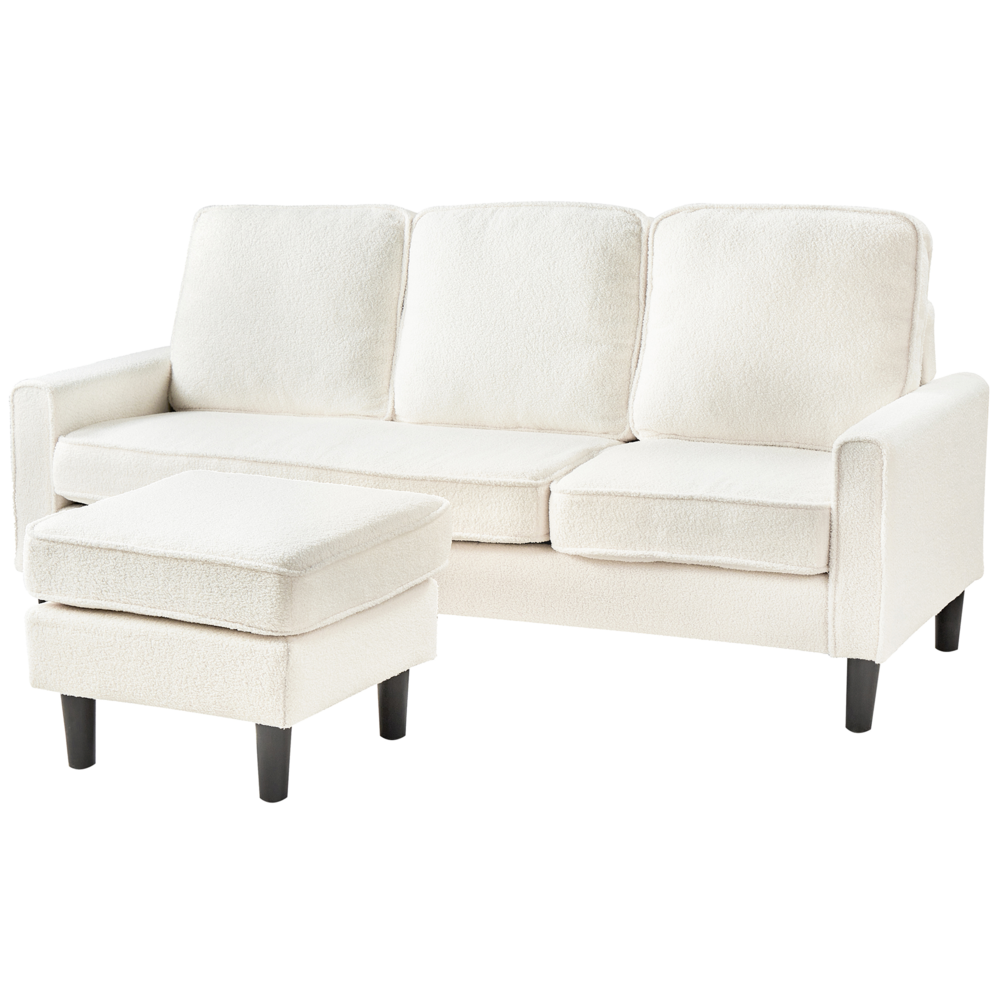 Divano 3 posti tessuto bouclè bianco con poggiapiedi ottomana imbottita metà secolo