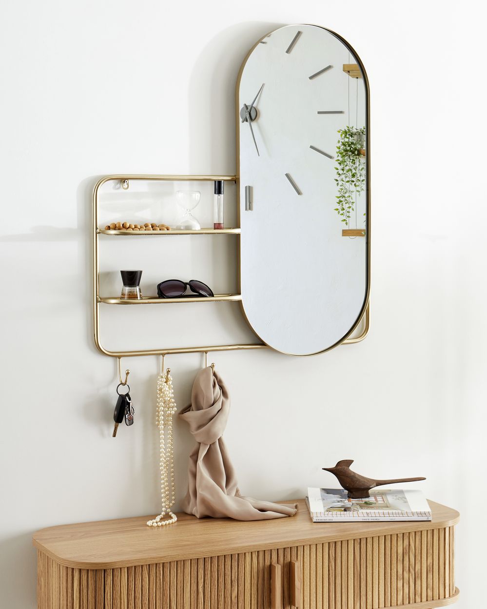 Specchio da parete con ganci e mensole Oro 72 x 80 cm Forma ovale Appeso Decorazione corridoio