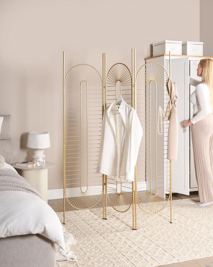 Divisorio decorativo per ambienti a 3 pannelli pieghevoli con struttura metallica in ferro oro