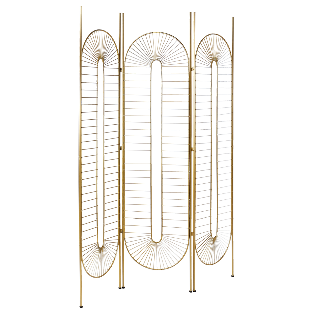 Divisorio decorativo per ambienti a 3 pannelli pieghevoli con struttura metallica in ferro oro