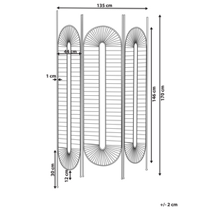Divisorio decorativo per ambienti a 3 pannelli pieghevoli con struttura metallica in ferro oro