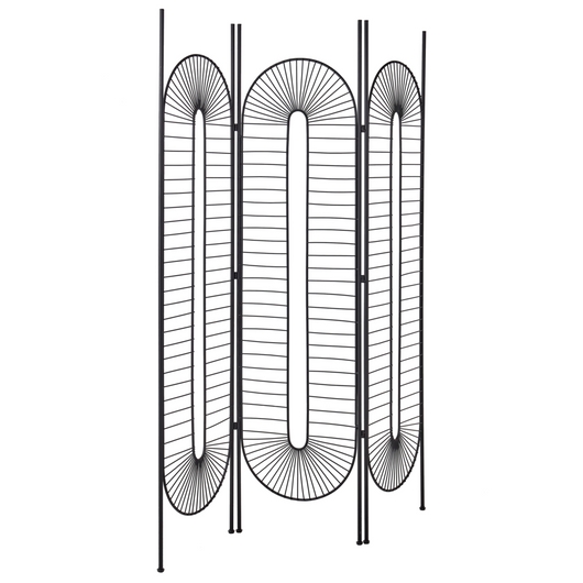 Divisorio decorativo per ambienti a 3 pannelli pieghevoli con struttura metallica in ferro nero