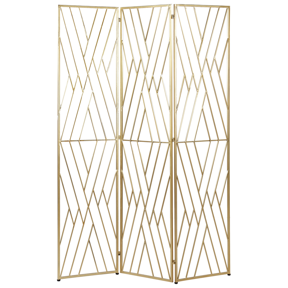 Divisorio decorativo a 3 pannelli pieghevole in ferro con struttura in metallo oro