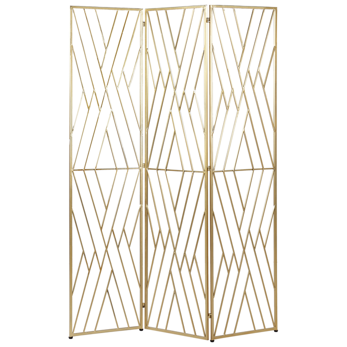Divisorio decorativo a 3 pannelli pieghevole in ferro con struttura in metallo oro