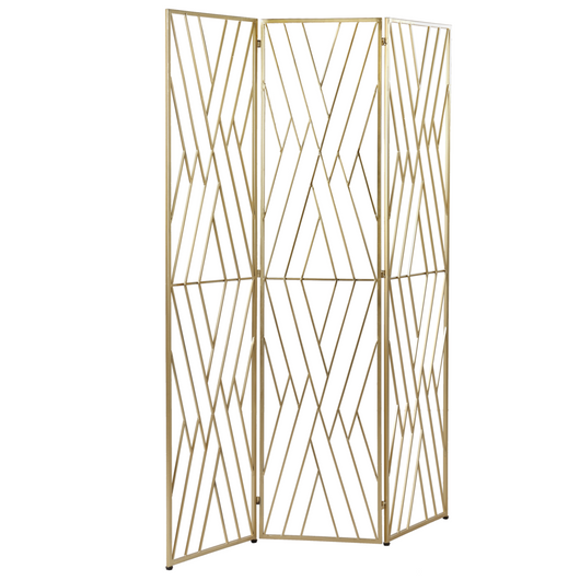 Divisorio decorativo a 3 pannelli pieghevole in ferro con struttura in metallo oro