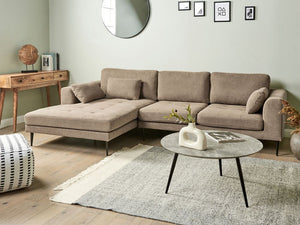 Divano angolare imbottito in tessuto marrone lato destro imbottito a forma di L con sedile imbottito e trapuntato e cuscini