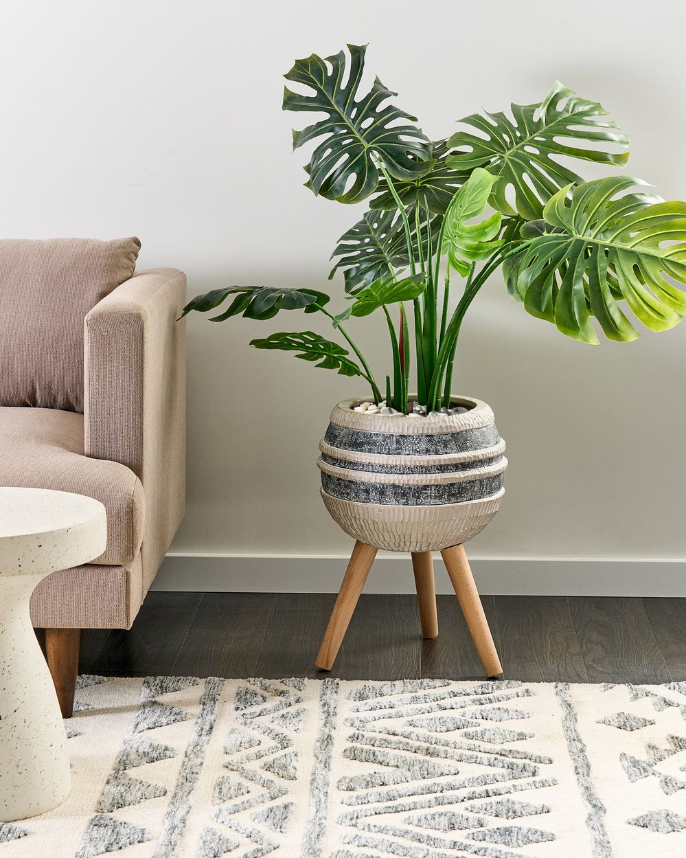 Supporto per piante Beige e grigio Magnesio Base rotonda in legno massiccio Vaso per piante alte