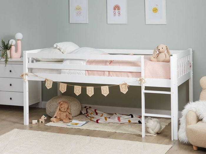 Letto singolo alto per bambini in legno di caucciù con rete a doghe in legno bianco 90 x 200 cm cameretta