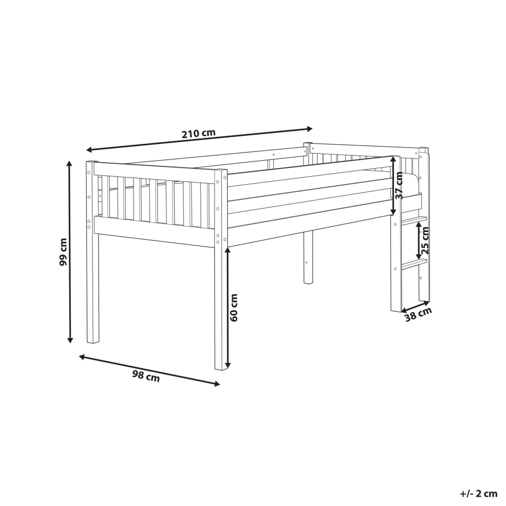 Letto singolo alto per bambini in legno di caucciù con rete a doghe in legno bianco 90 x 200 cm cameretta