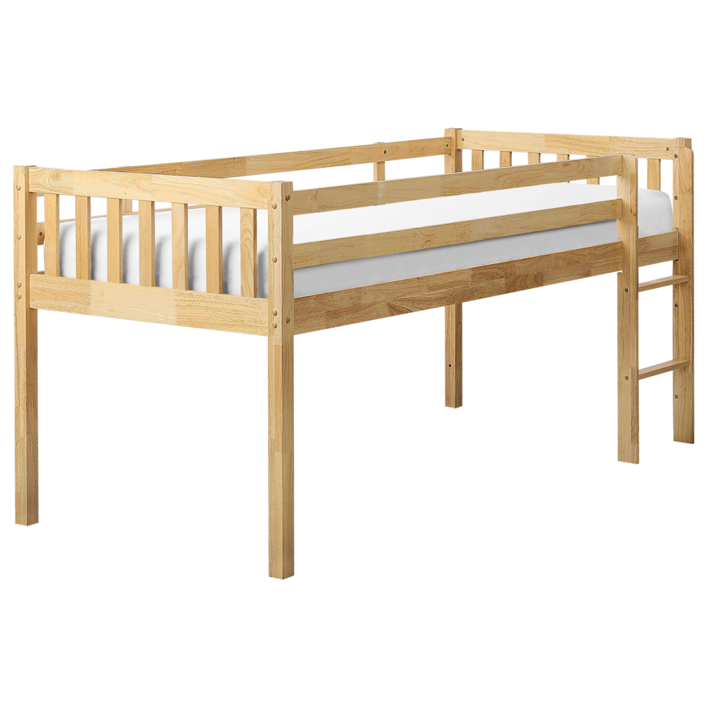 Letto singolo alto per bambini in legno di caucciù con rete a doghe in legno chiaro 90 x 200 cm cameretta