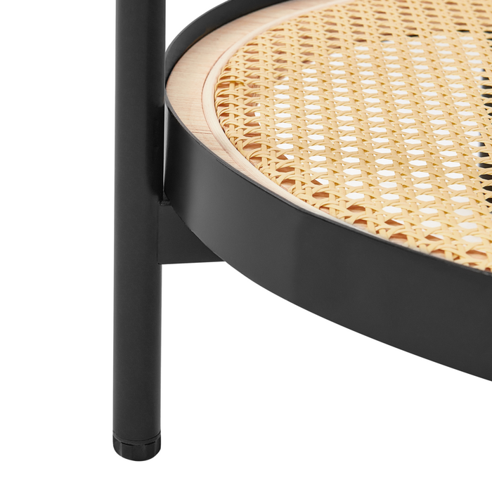 Tavolino piano in vetro struttura rotonda in metallo 1 ripiano intreccio viennese legno chiaro stile moderno