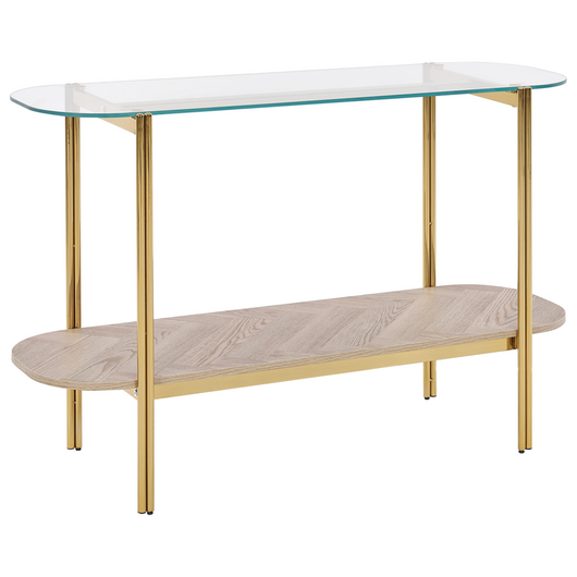 Tavolo console con piano in vetro temperato e struttura in metallo 1 ripiano in legno chiaro e oro stile moderno