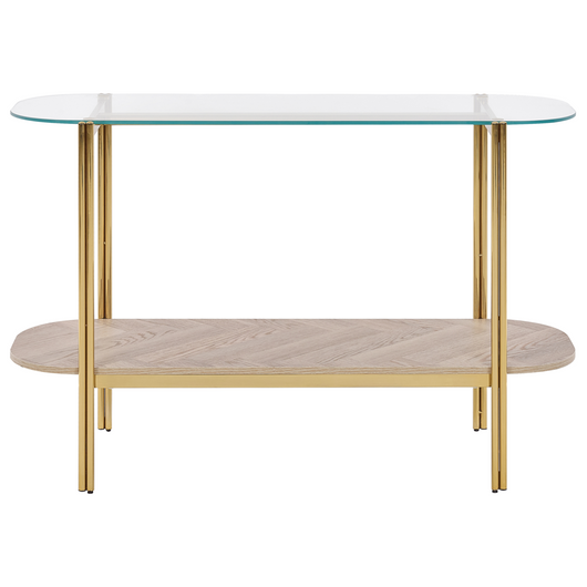 Tavolo console con piano in vetro temperato e struttura in metallo 1 ripiano in legno chiaro e oro stile moderno