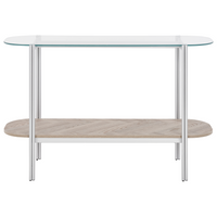 Tavolo console con piano in vetro temperato e struttura in metallo 1 ripiano in legno chiaro e argento stile moderno