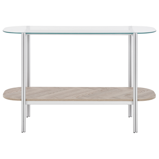 Tavolo console con piano in vetro temperato e struttura in metallo 1 ripiano in legno chiaro e argento stile moderno