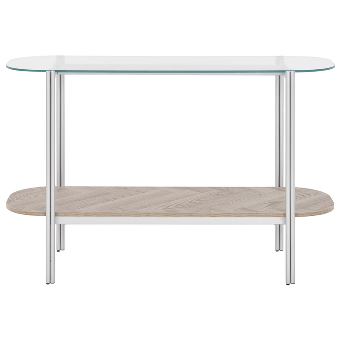 Tavolo console con piano in vetro temperato e struttura in metallo 1 ripiano in legno chiaro e argento stile moderno