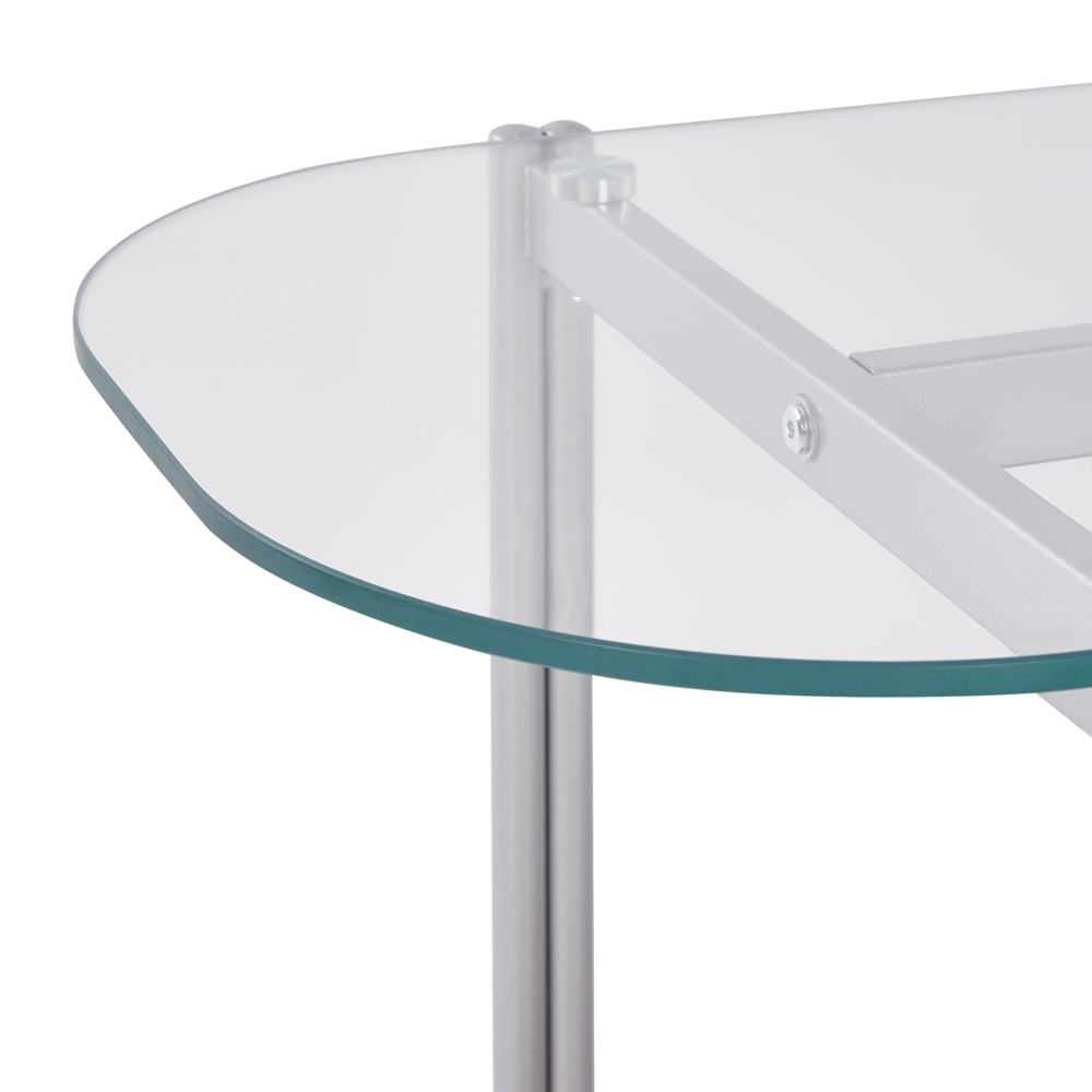 Tavolo console con piano in vetro temperato e struttura in metallo 1 ripiano in legno chiaro e argento stile moderno