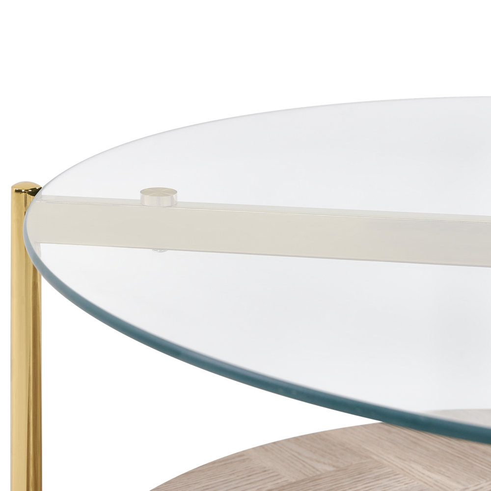 Tavolino con piano in vetro temperato con 1 ripiano in legno chiaro oro stile moderno