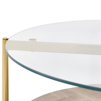 Tavolino con piano in vetro temperato con 1 ripiano in legno chiaro oro stile moderno