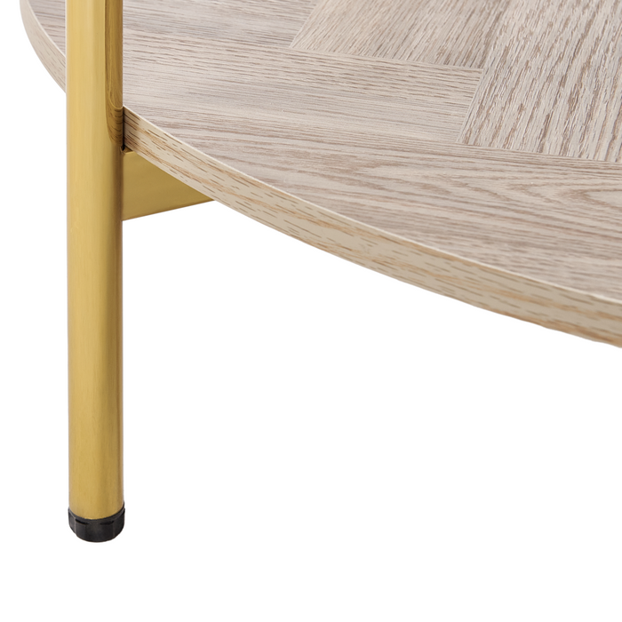 Tavolino con piano in vetro temperato con 1 ripiano in legno chiaro oro stile moderno