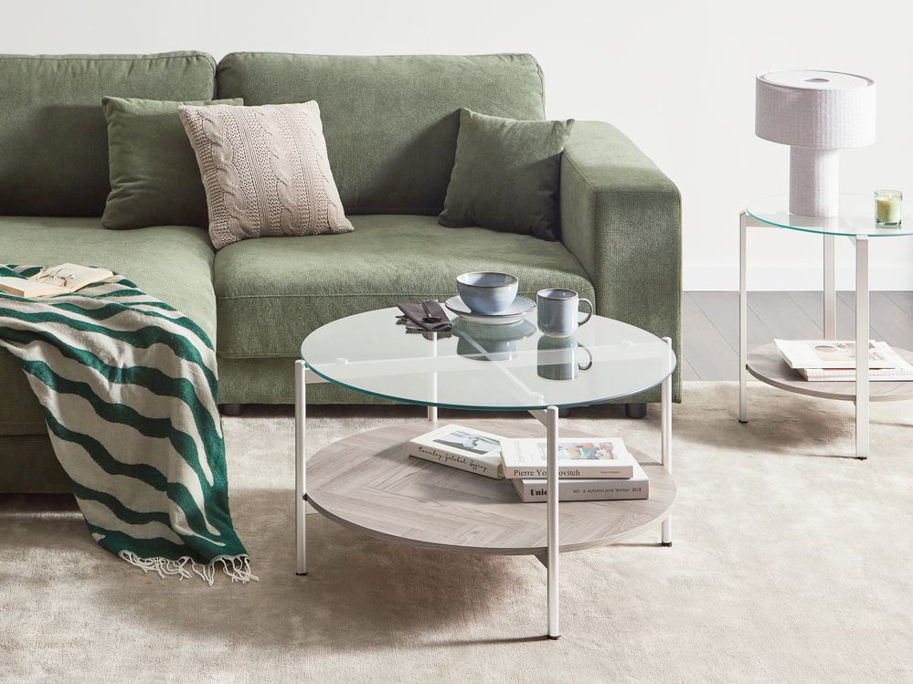 Tavolino con piano in vetro temperato con 1 ripiano in legno chiaro argento stile moderno