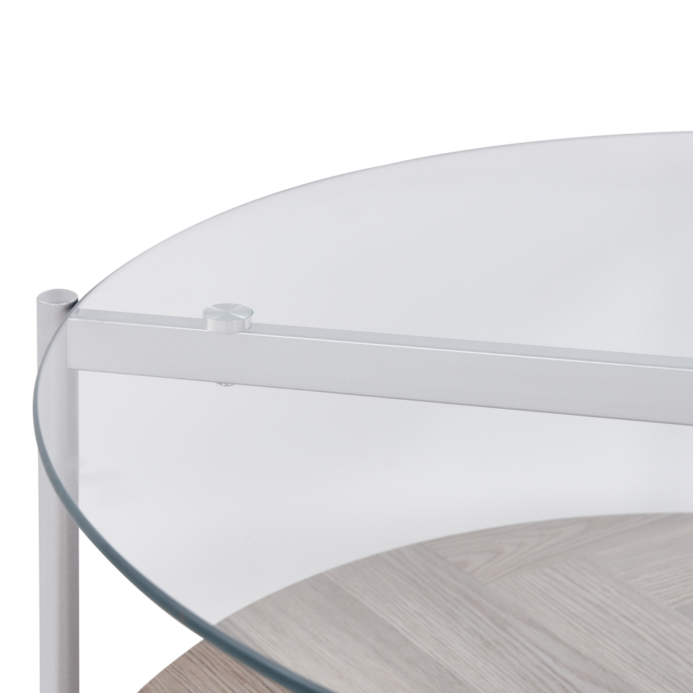 Tavolino con piano in vetro temperato con 1 ripiano in legno chiaro argento stile moderno