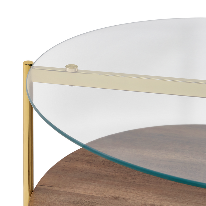Tavolino con piano in vetro temperato con 1 ripiano in legno scuro oro stile moderno