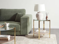 Tavolino moderno piano in vetro temperato con 1 ripiano legno chiaro e oro stile moderno