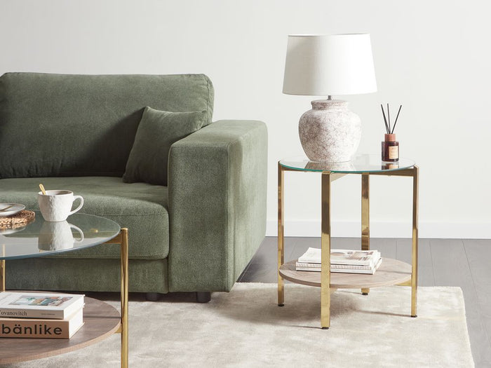 Tavolino moderno piano in vetro temperato con 1 ripiano legno chiaro e oro stile moderno