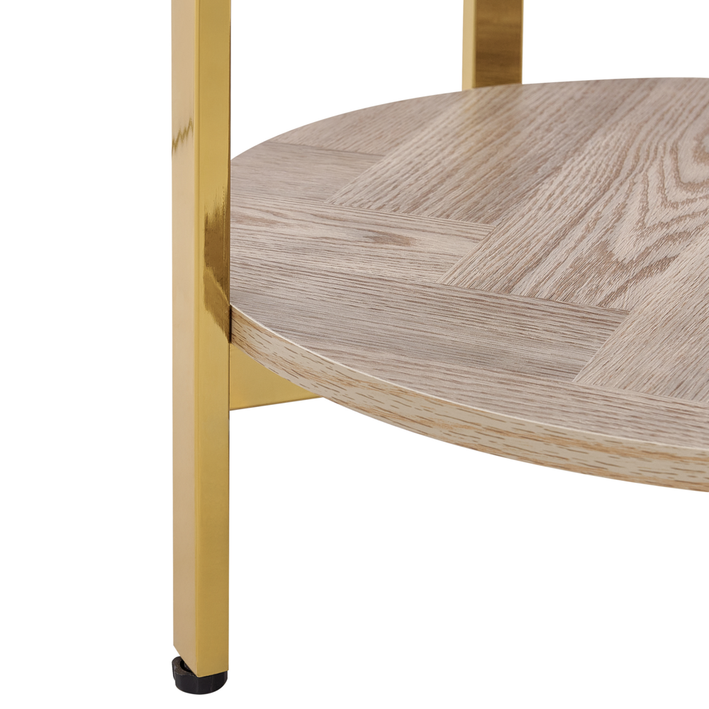 Tavolino moderno piano in vetro temperato con 1 ripiano legno chiaro e oro stile moderno