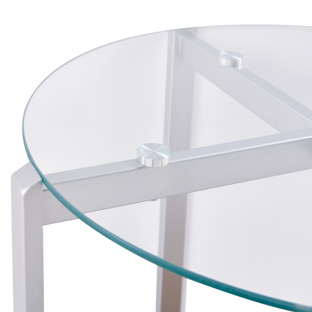 Tavolino moderno piano in vetro temperato con 1 ripiano legno chiaro e argento stile moderno
