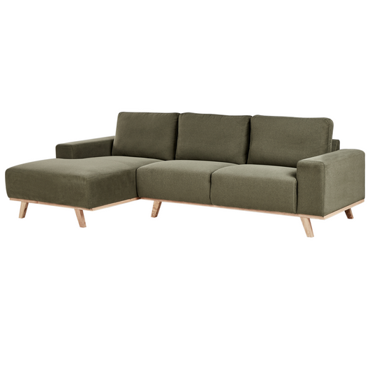 Divano angolare Verde Rivestimento in tessuto di poliestere Gambe in legno chiaro Schienale con cuscino Design moderno