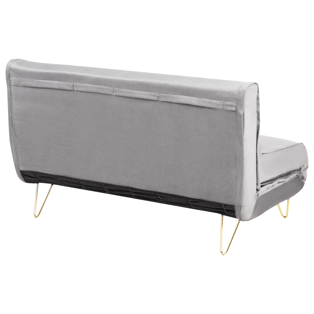 Divano Letto Velluto Grigio 2 Posti Letto Sfoderabile senza braccioli Con 2 Cuscini Gambe In Metallo dorato Glamour