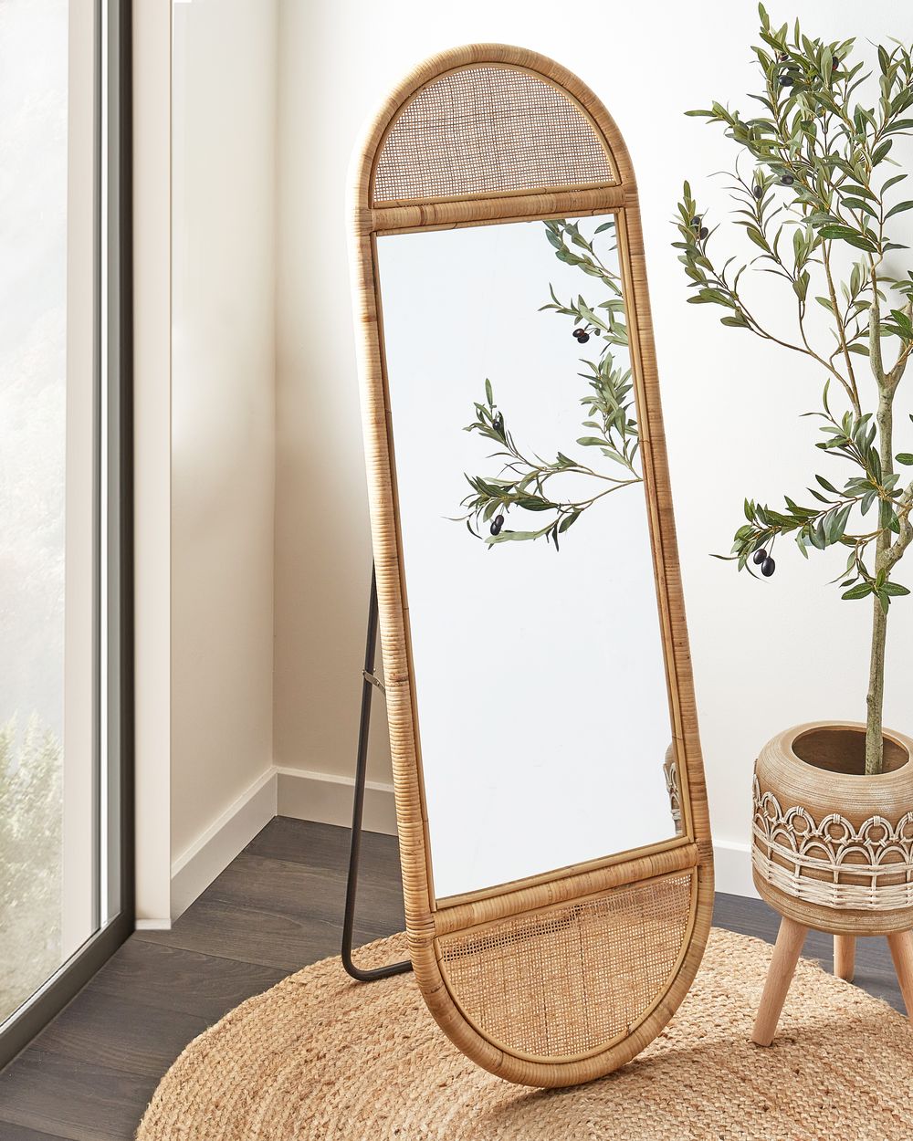 Specchio da terra in rattan naturale 150x50 cm stile boho salotto camera da letto