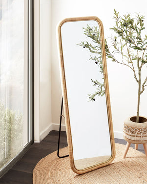 Elegante specchio da terra in rattan naturale 150x50 cm stile boho camera da letto