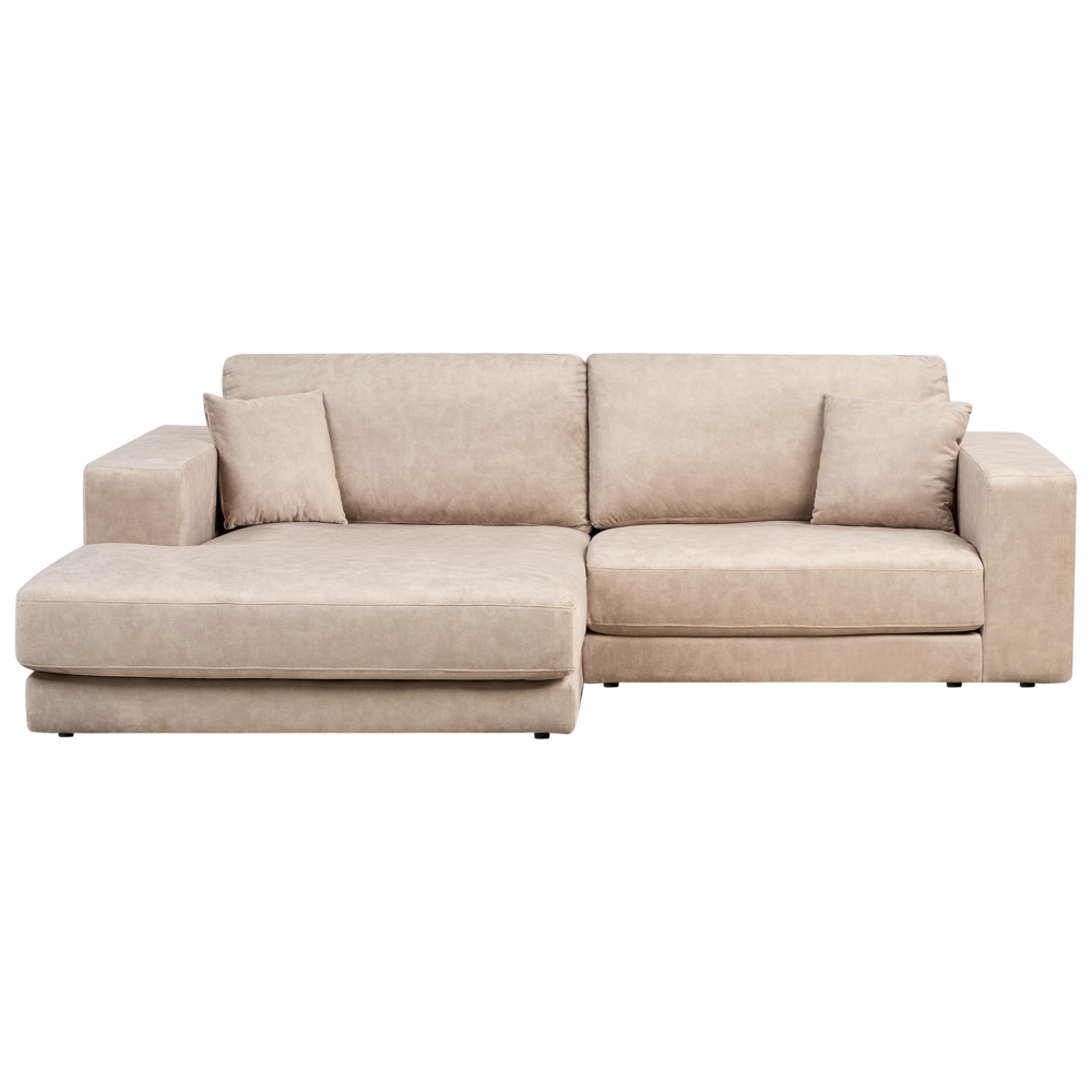 Divano angolare lato destro in Tessuto imbottito beige con Cuscini 3 posti stile moderno minimalista