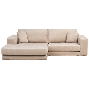 Divano angolare lato destro in Tessuto imbottito beige con Cuscini 3 posti stile moderno minimalista